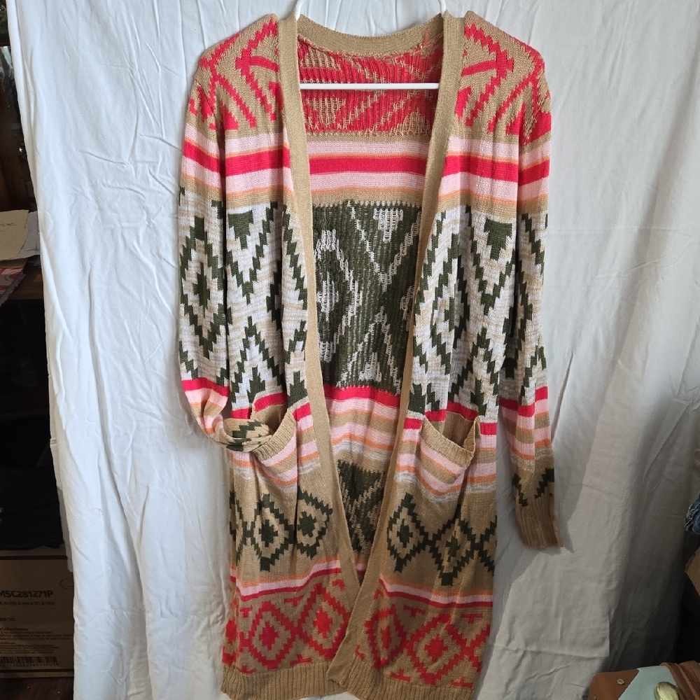Geometric Patterned Long Cardigan Sweater